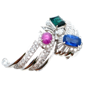 Pt･Pm900 スタールビー・サファイア・グリーントルマリン・ダイヤモンド ブローチ