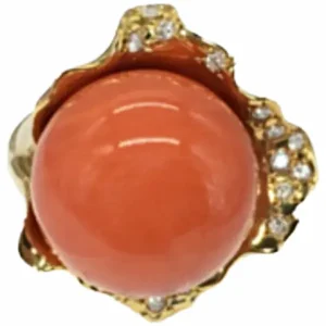 K18 サンゴ・ダイヤモンド リング 0.2 ct