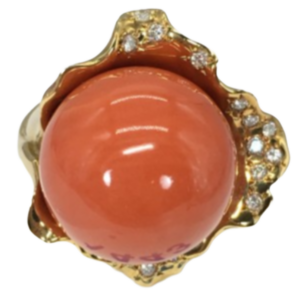 K18 サンゴ・ダイヤモンド リング 0.2 ct