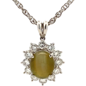 Pt850/Pt900 クリソベリルキャッツアイ・ダイヤモンド ネックレス/ペンダントトップ 4.87・D1.18ct