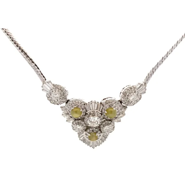 Pt･Pm850 クリソベリルキャッツアイ・ダイヤモンド ネックレス/ペンダントトップ 2.24・5.44ct