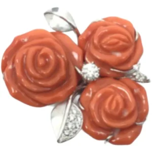 Pt･Pm900 サンゴ・ダイヤモンド ブローチ 0.3 ct 0.18 ct