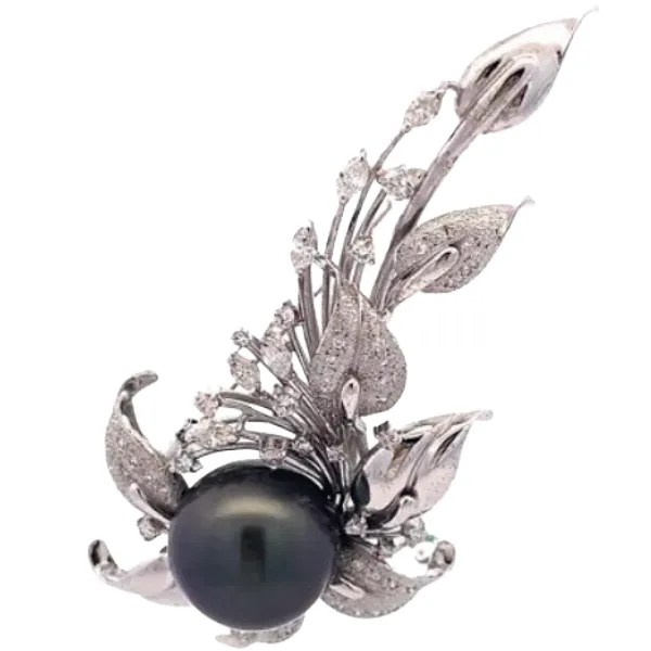 K18WG パール・ダイヤモンド ブローチ D1.73ct