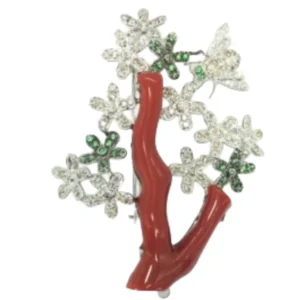 K18WG サンゴ・多色石 ブローチ D1.38・G0.42 ct