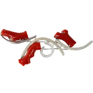 K18WG サンゴ・ダイヤモンド ブローチ D0.32ct