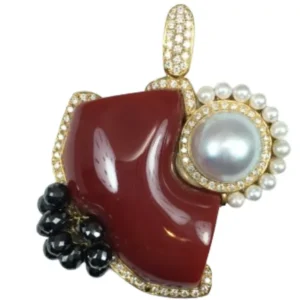 K18 サンゴ・パール・黒石・ダイヤモンド ネックレストップ 13.73 ct D1.13 ct