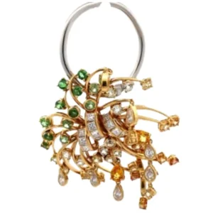 K18 ゴールデンサファイア・ツァボライトガーネット・多色石 ブローチ S1.57・D2.48 ct