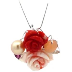 K18WG/K14WG サンゴ・多色石 ブローチ D0.33 ct