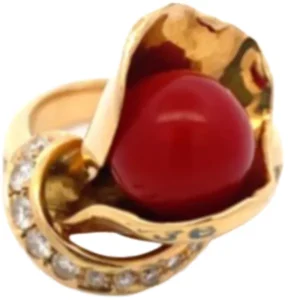 K18 サンゴ・ダイヤモンド リング D0.45 ct