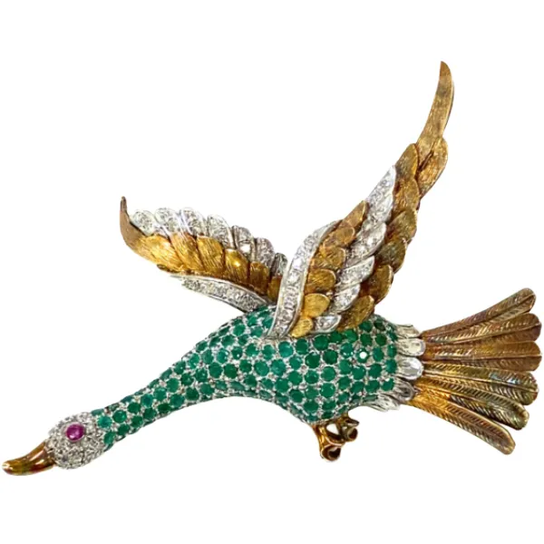 10K ルビー・エメラルド・ダイヤモンド ブローチ