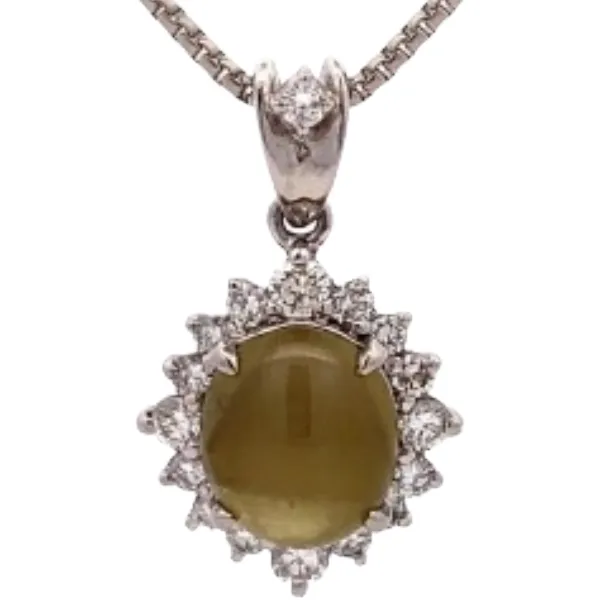 Pt850/Pt900 クリソベリルキャッツアイ・ダイヤモンド ネックレストップ C5.30 ct D0.79 ct