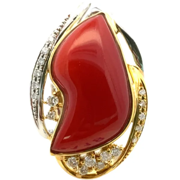 Pt900/K18[Ptﾒｲﾝ] サンゴ・ダイヤモンド リング 19.11・D0.46ct