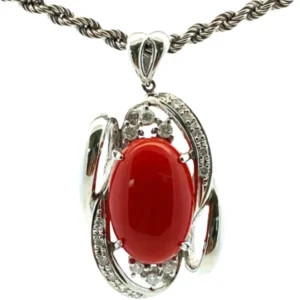 Pt900Pt850 サンゴ・ダイヤモンド ネックレスペンダントトップ 6.87・D0.41ct