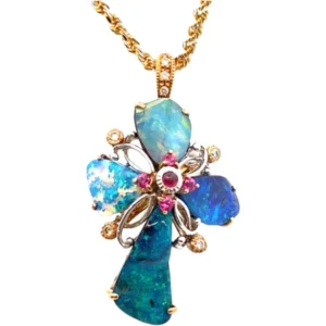 K18 ボルダーオパール・多色石 OP ネックレス/ペンダントトップ 5.85・S0.13・D0.1・R0.04ct