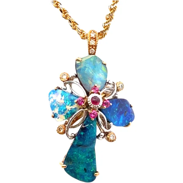 K18 ボルダーオパール・多色石 OP ネックレス/ペンダントトップ 5.85・S0.13・D0.1・R0.04ct