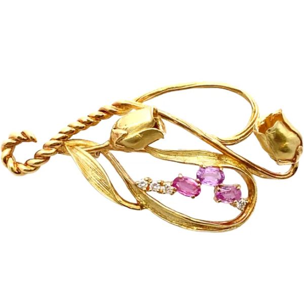 K18 ピンクサファイア・ダイヤモンド ブローチ 0.91・D0.11ct