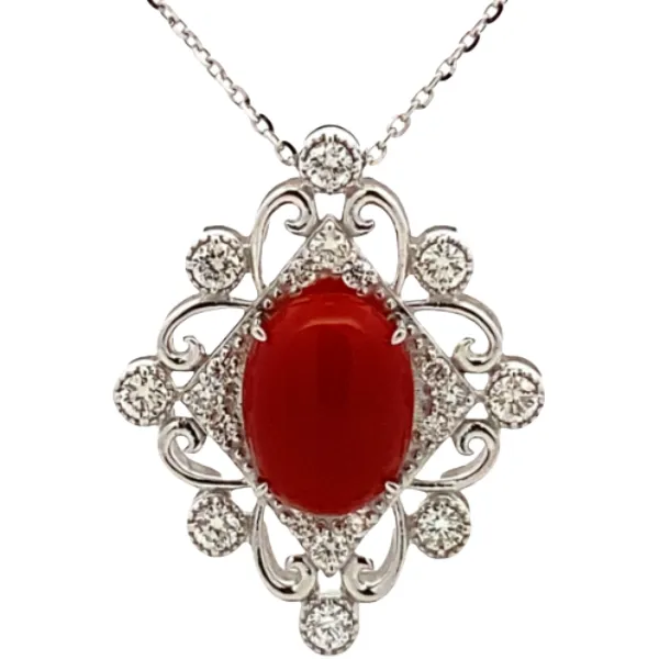 K18WG サンゴ・ダイヤモンド ネックレス/ペンダントトップ 0.5ct