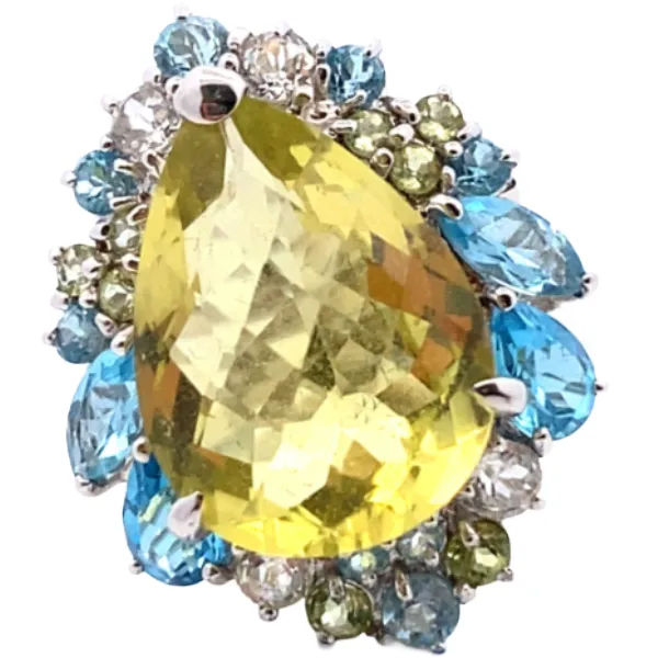 K14WG レモンクォーツ・多色石 リング 9.74ct