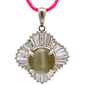 Pt･Pm900 クリソベリルキャッツアイ・ダイヤモンド ネックレスペンダントトップ 4.24・D1.33ct