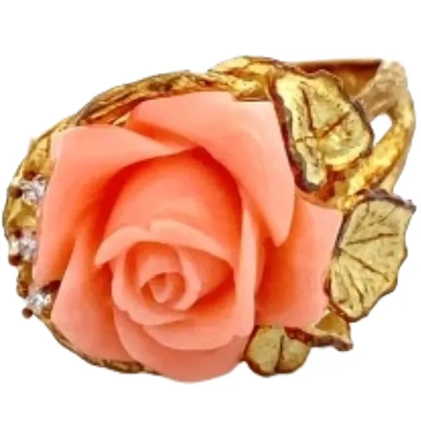 K18 サンゴ・ダイヤモンド リング 0.07 ct