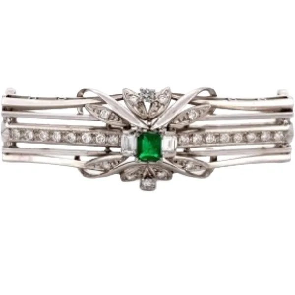 Pt･Pm900 エメラルド・ダイヤモンド ブローチ 0.22 ct