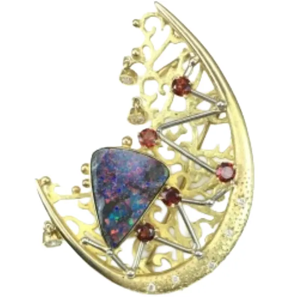 Pt900/K18[Kﾒｲﾝ] ボルダーオパール・多色石 ブローチ 6.37 ct 0.7・0.22 ct