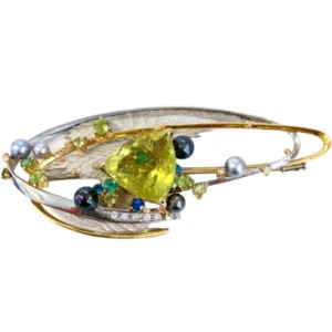 Pt900K18 レモンクォーツ・多色石 ブローチ 14.42・0.23ct