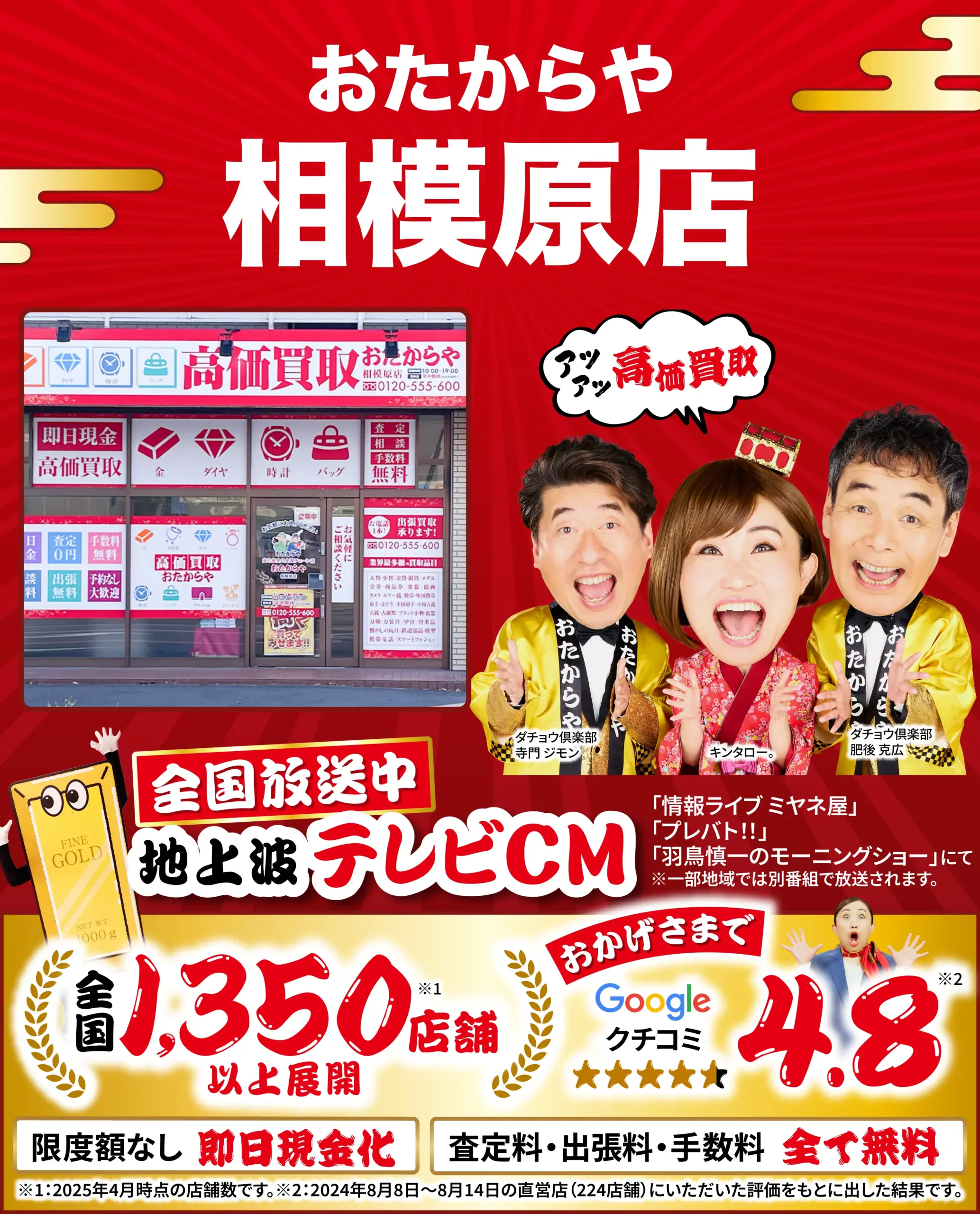 金、貴金属高価買取！googleクチコミ4.8、全国1,200店舗以上！