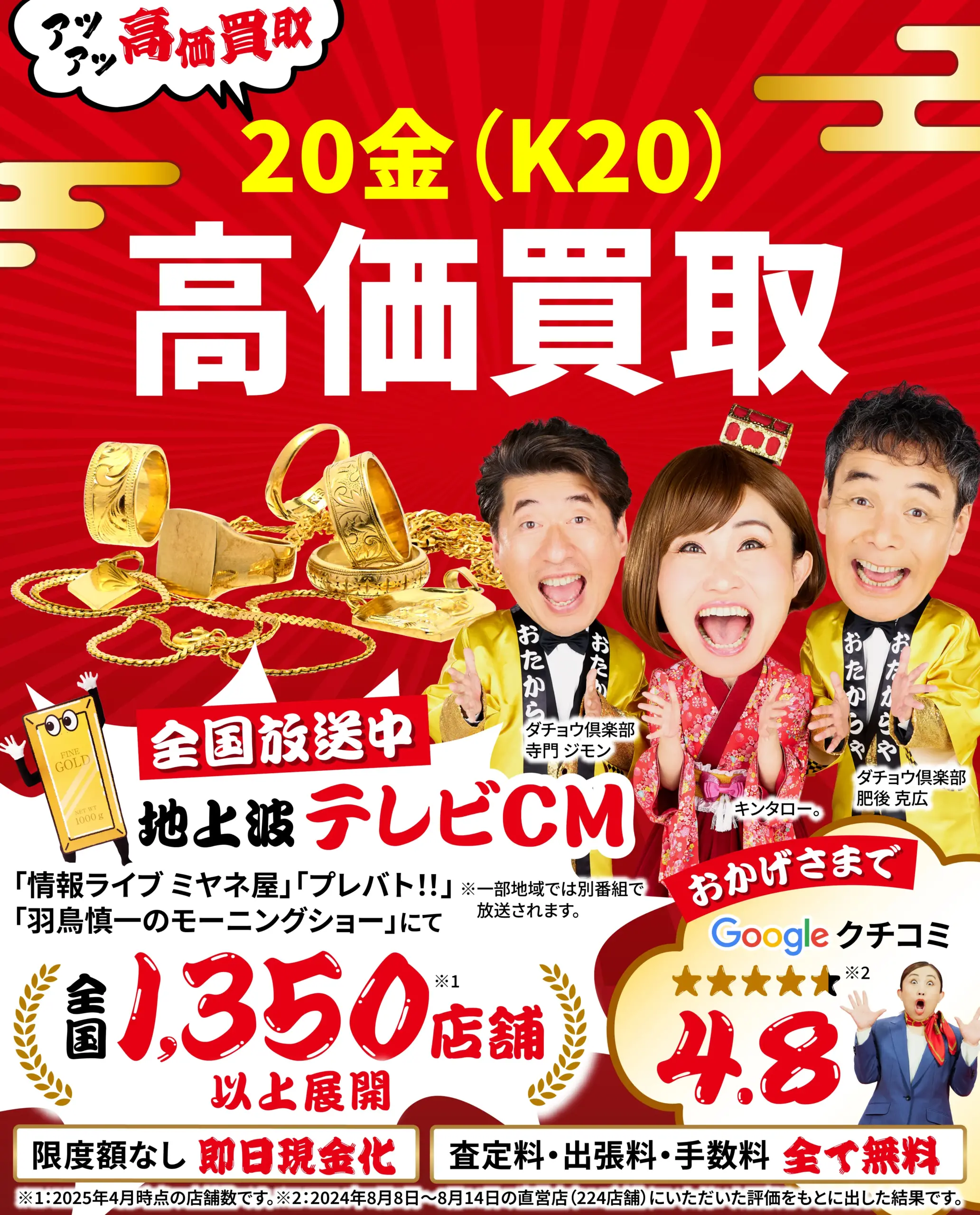 20金高価買取！googleクチコミ4.8、全国1,200店舗以上！