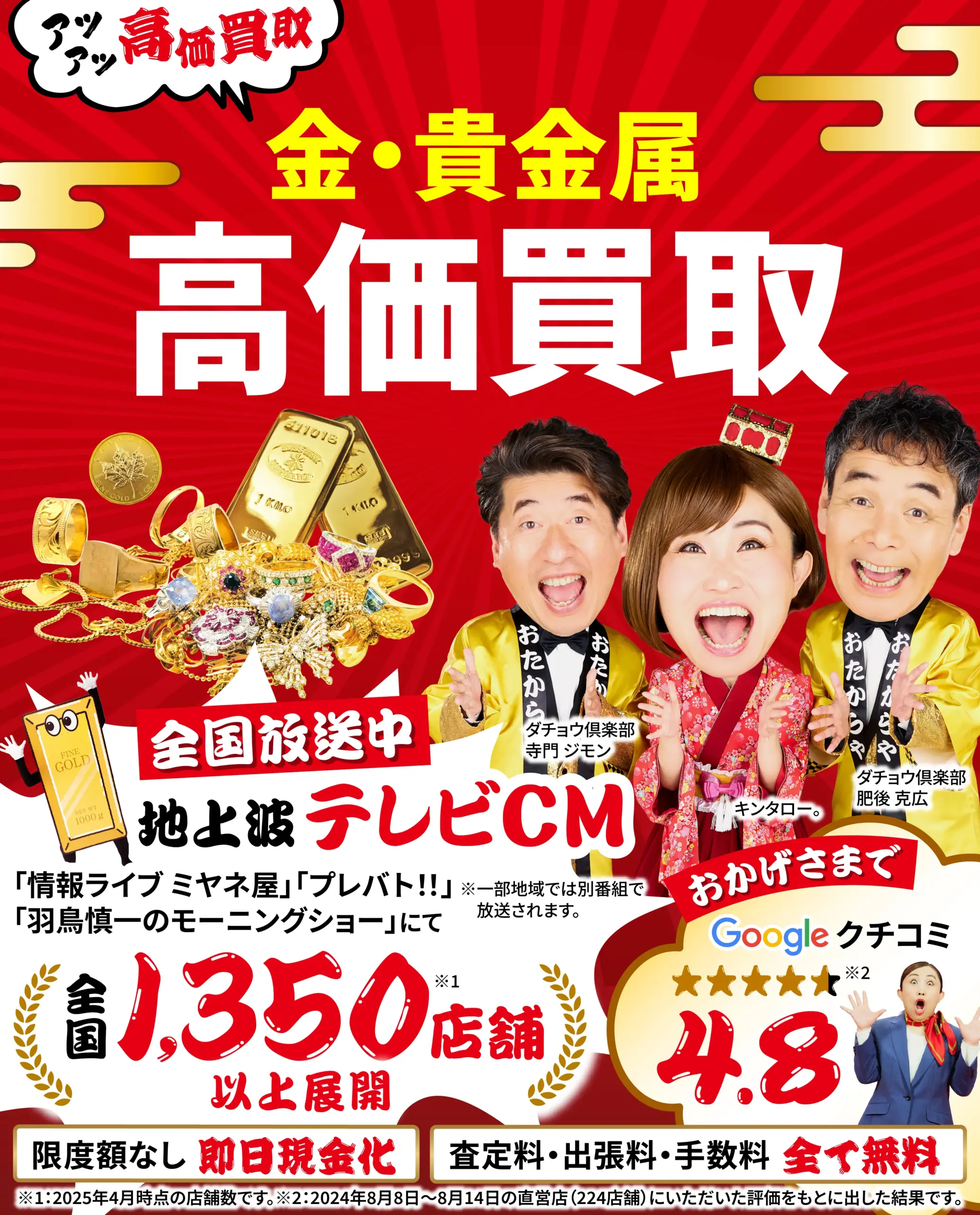 金、貴金属高価買取！googleクチコミ4.8、全国1,200店舗以上！