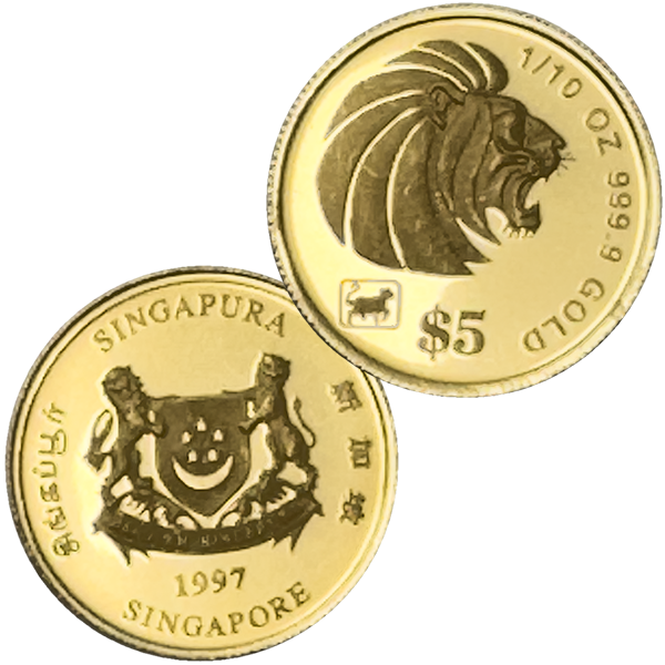 24金 (K24) シンガポール・ライオン金貨 1/10オンス